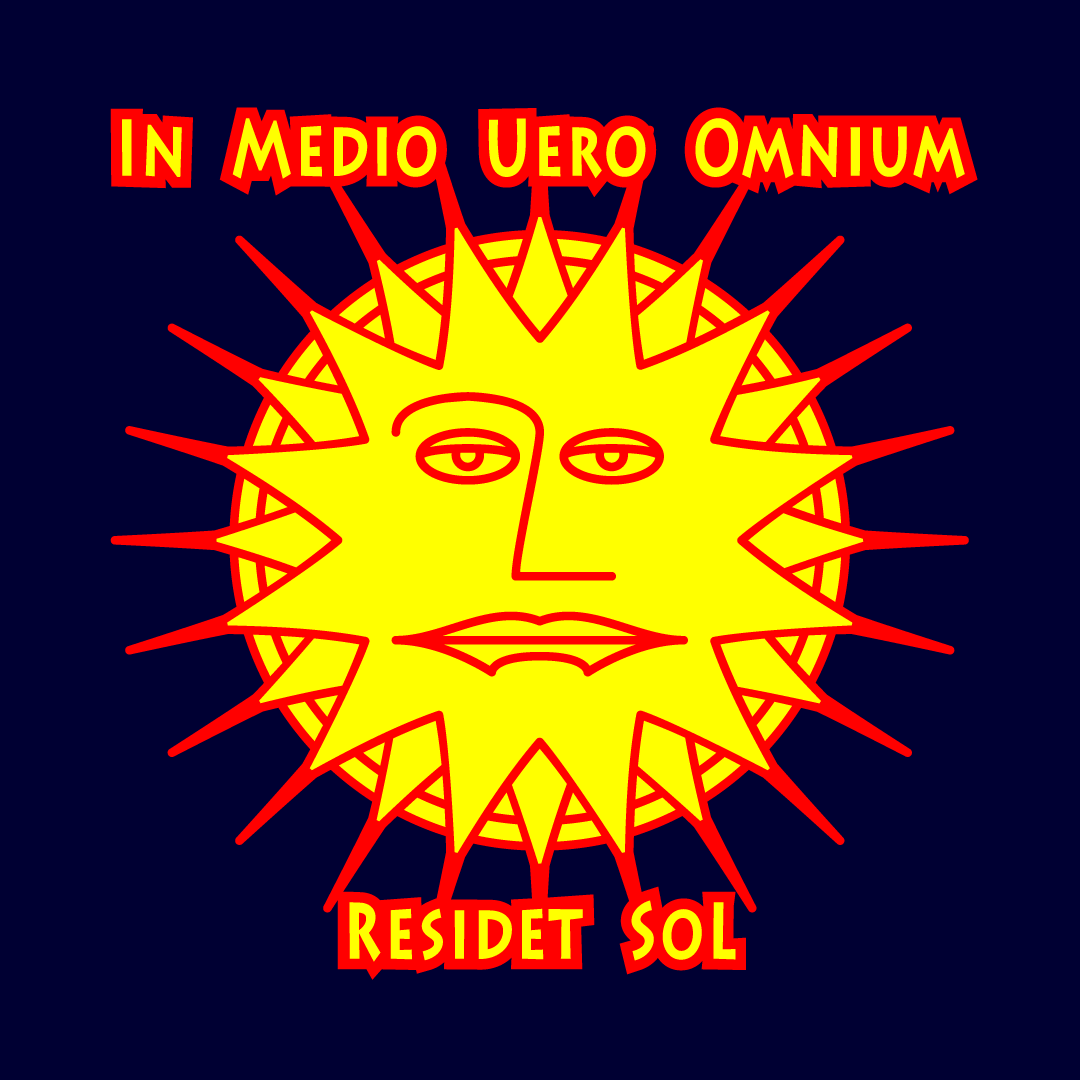 Old-timey looking drawing of the Sun with a face